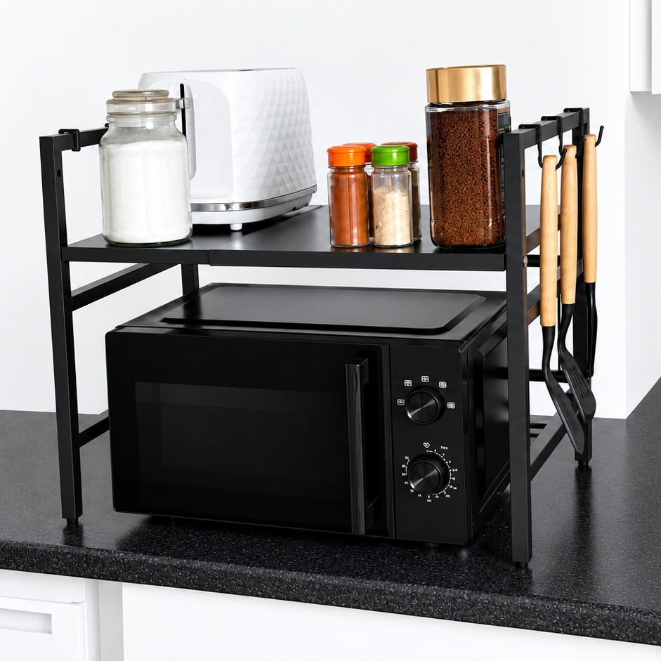Expandable Microwave Shelf Organiser — 40-60cm with 6 Hooks