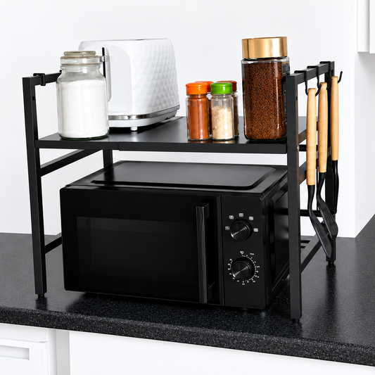 Expandable Microwave Shelf Organiser — 40-60cm with 6 Hooks