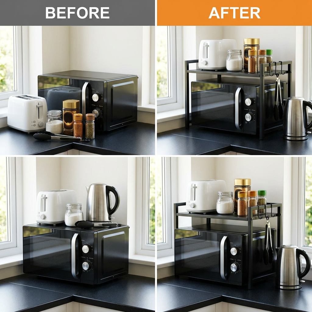 Expandable Microwave Shelf Organiser — 40-60cm with 6 Hooks