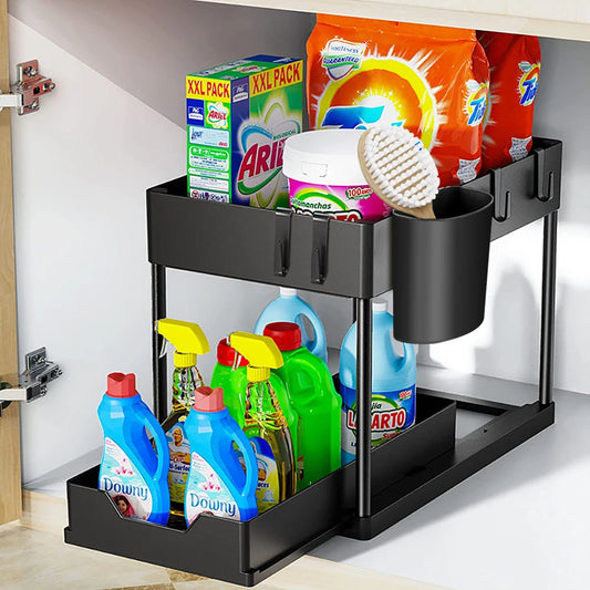 2-Tier Sliding Under Sink Organiser with Hooks